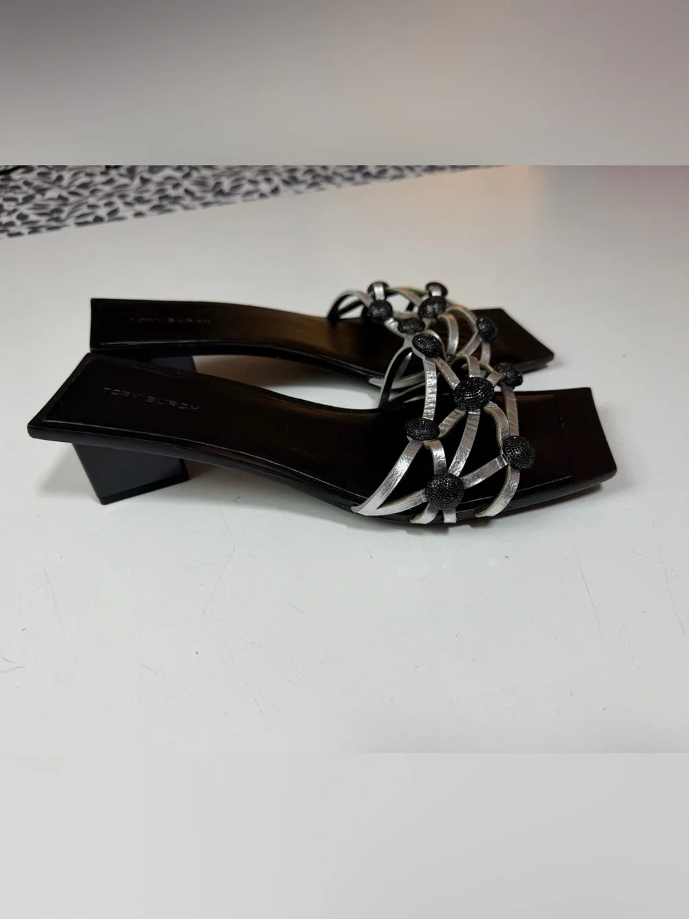 Tory Burch Black Crystal Bobble Silver Metallic Leather Square Toe Low Heels 8.5